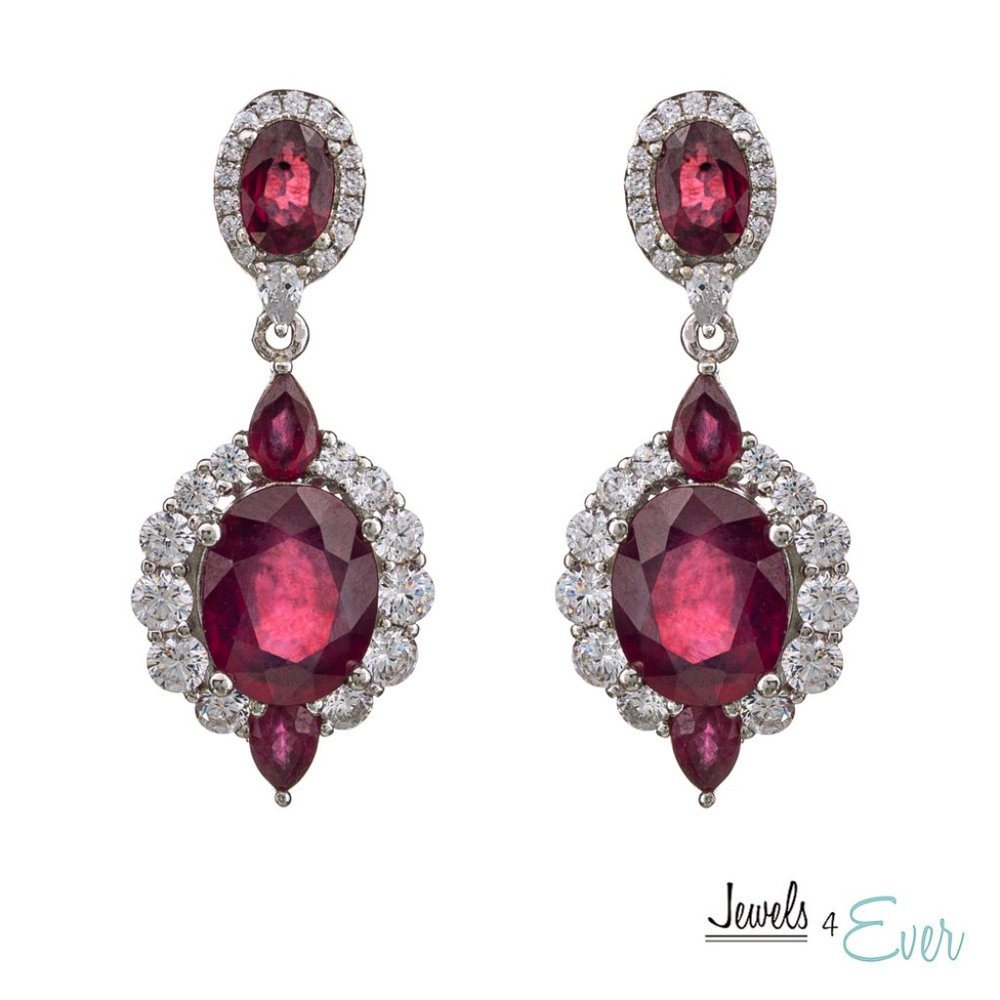 Sterling Silver Fancy Drop Style Earrings with Ruby